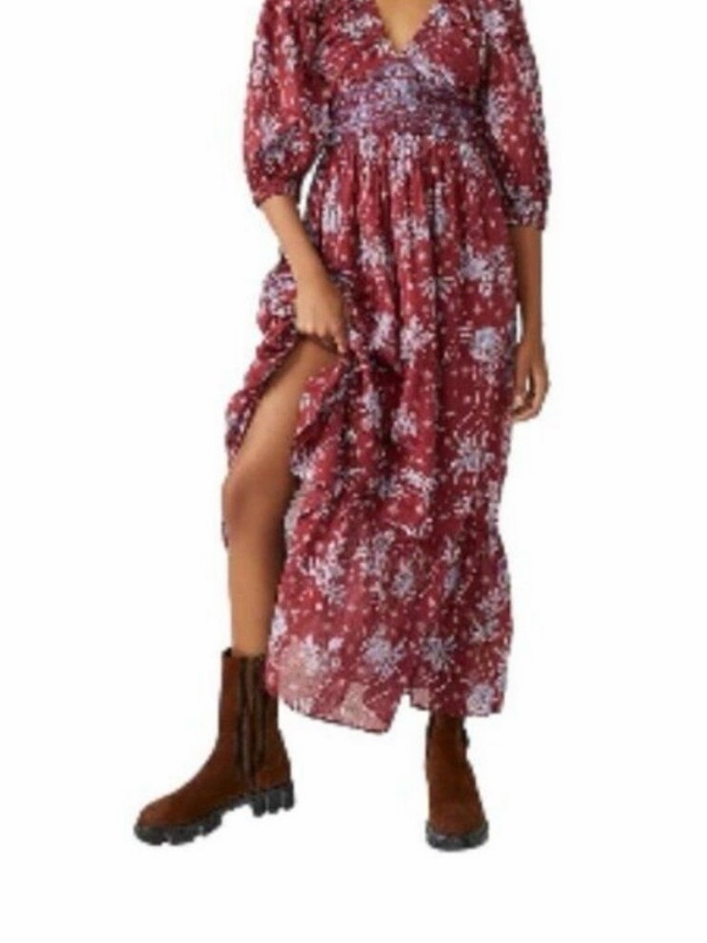 Free People Wine Floral Golden Hour Boho Long Sleeve Maxi Dress - Picture 2 of 11